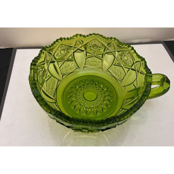 L E Smith Heritage Quintec Green Carnival Glass Handle Candy Nut Dish Bowl Vtg - Picture 5 of 7
